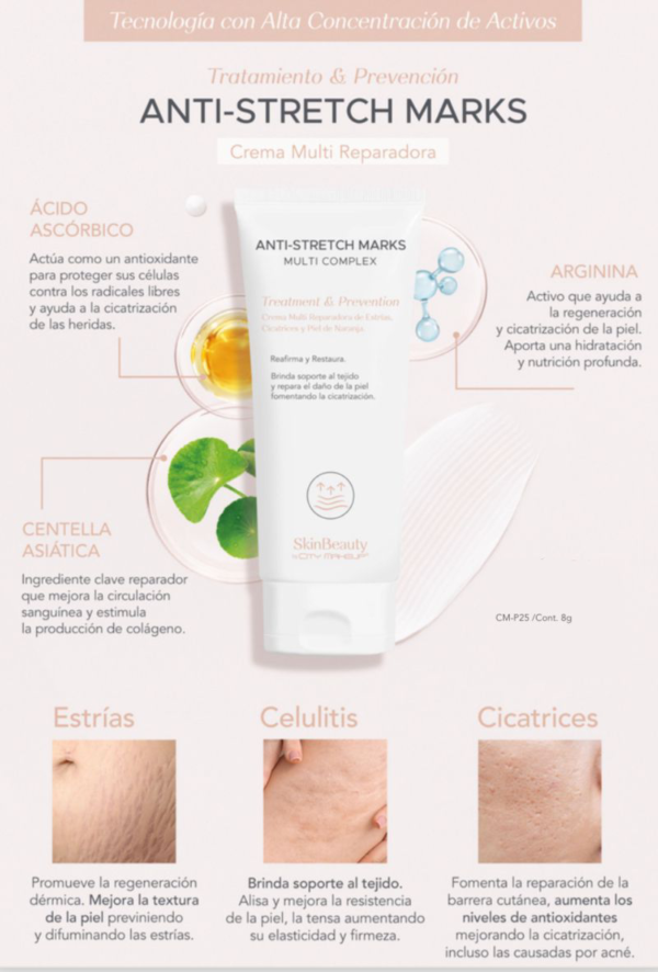 Tecnología con Alto Concentación de Activos ANTI STRETCH MARKS Crema Multi Reparadora