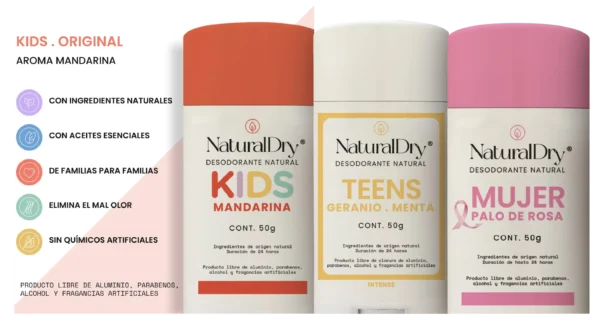 desodorantes naturales  marca Natural Dry KIDS-TEEN-WOMAN